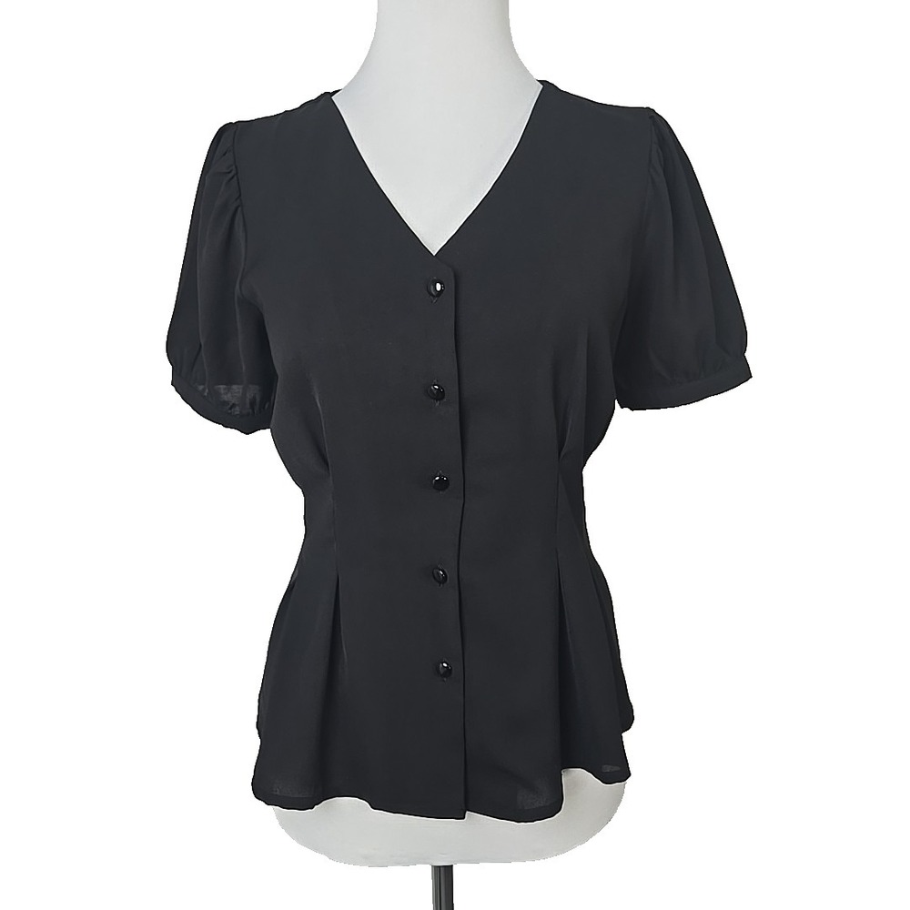 HAVE Black Button Front Puff Sleeve Career Blouse Top Size Small S